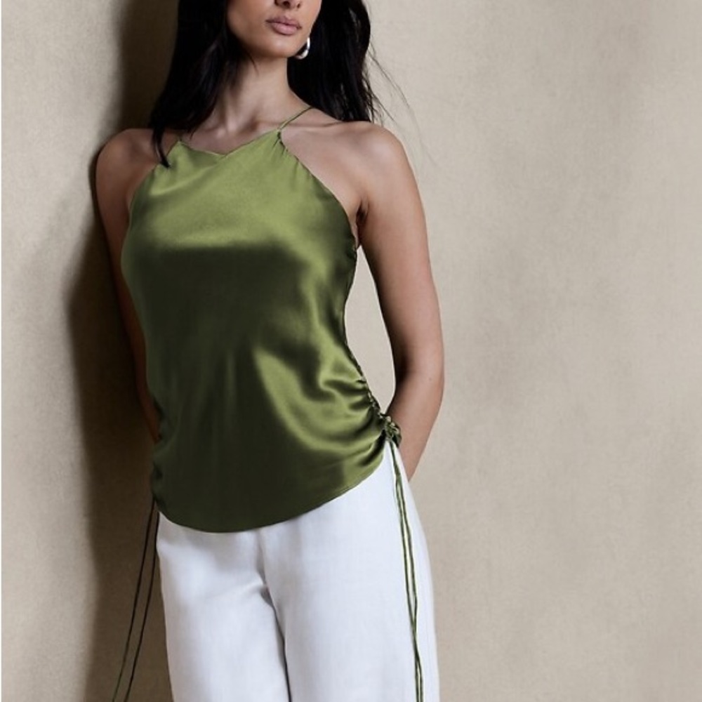 Banana Republic Sombra Rutched Silk Tank Willow Green